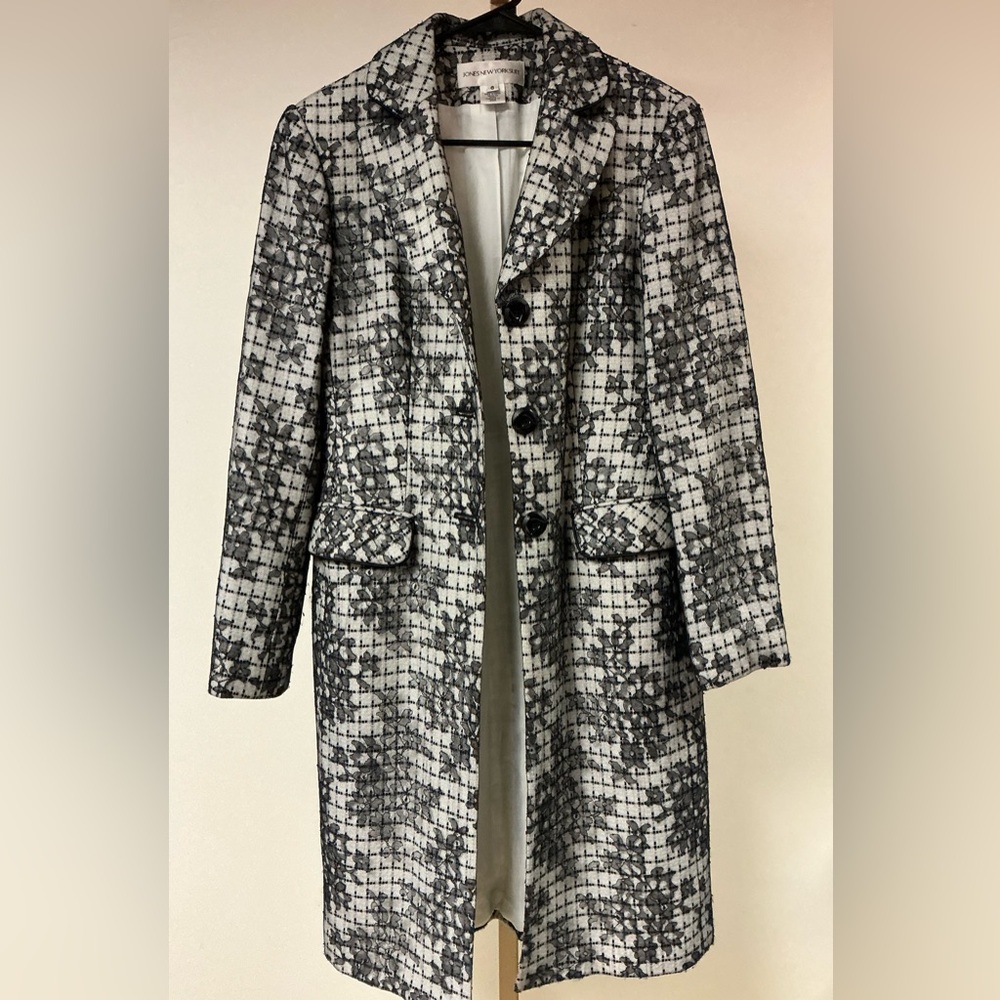 Jones New York Black and White Lace Patterned Dress Coat